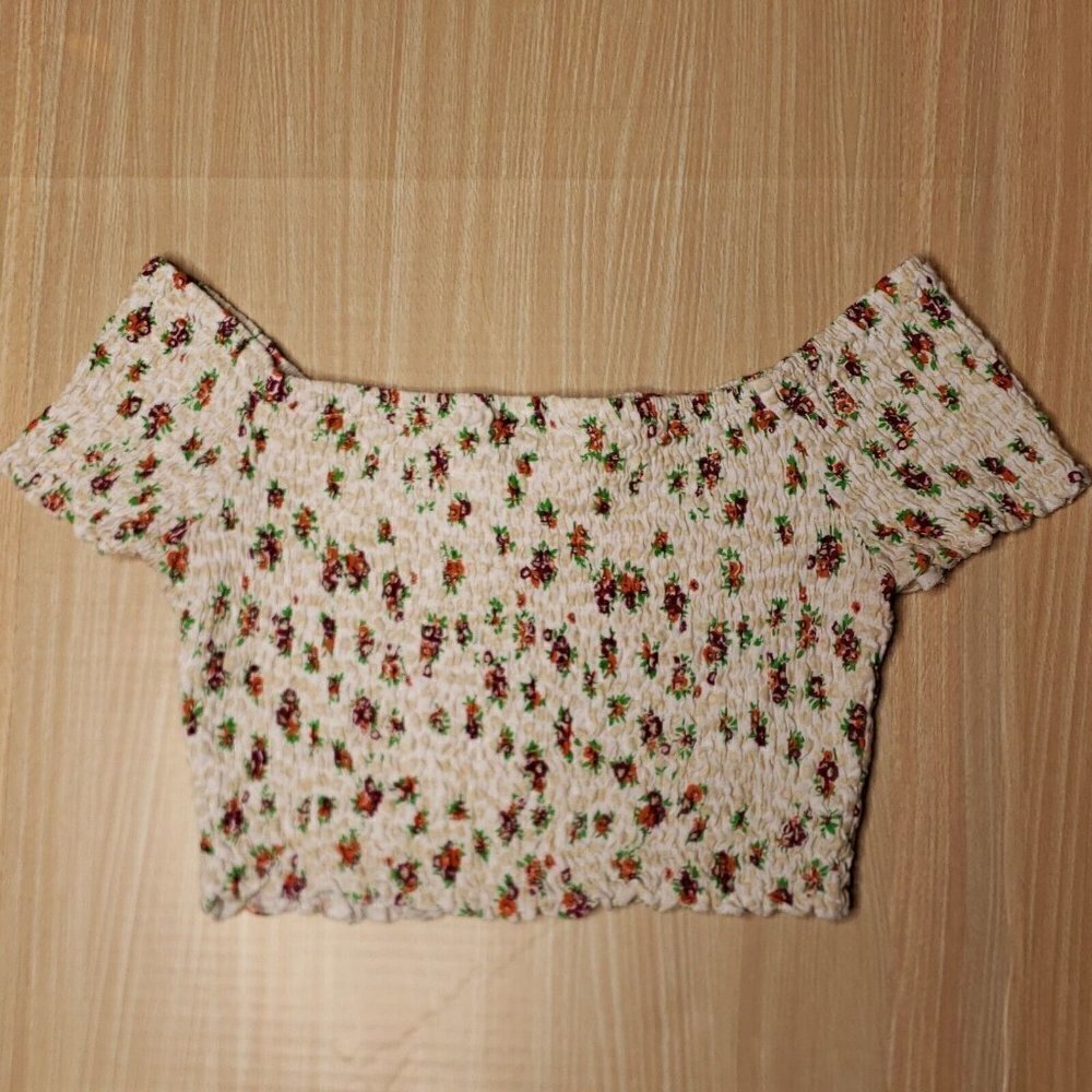 Topshop Womens White Floral  Shirred Short Sleeve Crop Top 12